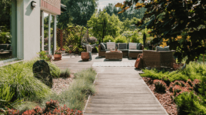A professionally landscaped Arizona backyard with a paved walkway, patio seating and desert planting