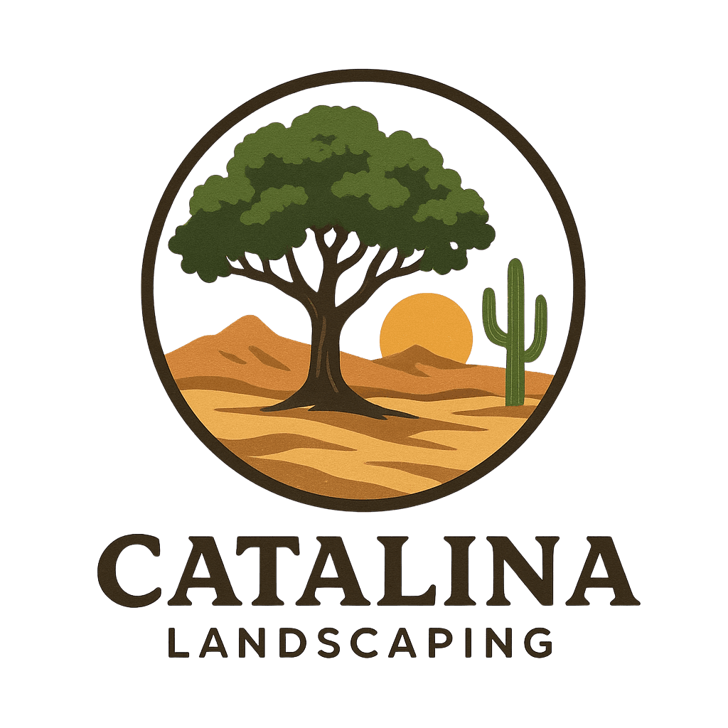 Catalina Landscaping logo: a desert tree and saguaro at sunrise